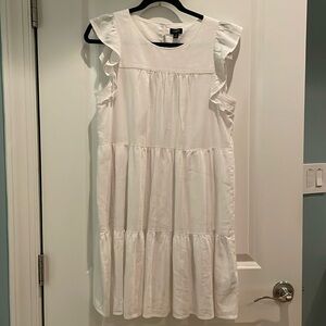 JCrew White Linen Blend Ruffle Sleeve Tiered Mini Dress